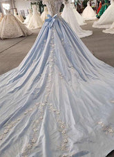AffordableLight Blue Satin Sweep Train Wedding Dress Off Shoulder Sleeveless Bridal Gowns On Sale-27dress
